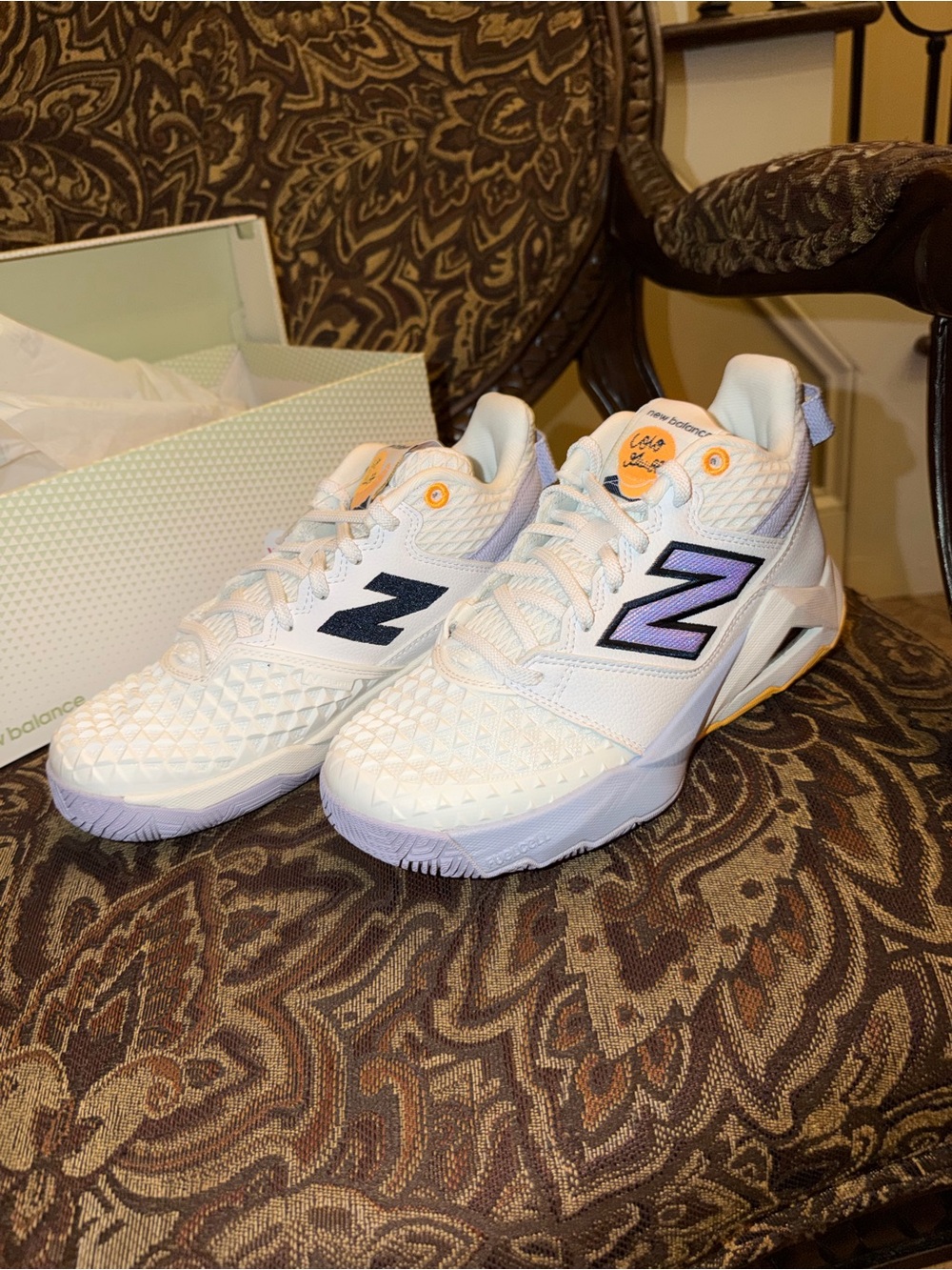 New Balance Kids White Sneakers with Purple and Orange Accents